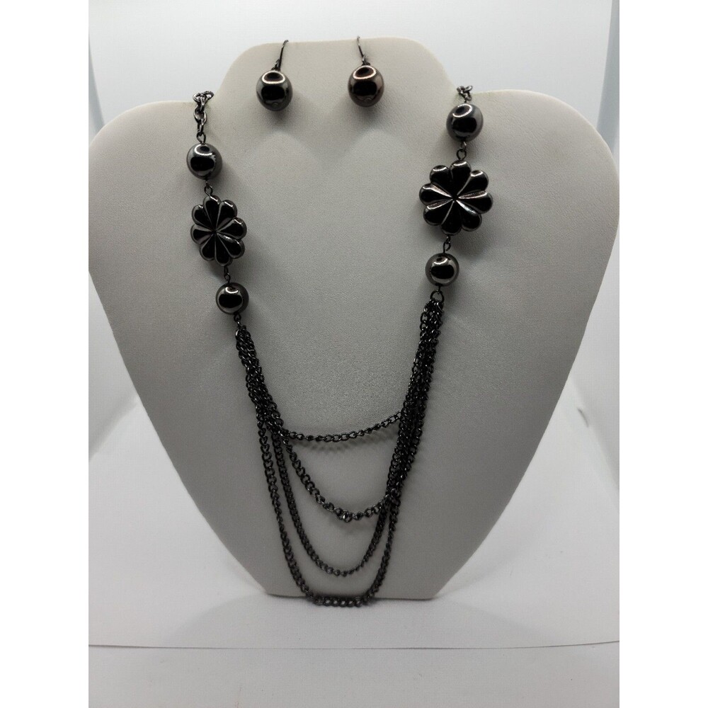 Vintage Hematite Beaded Necklace & One Pair Pierced Earring Set